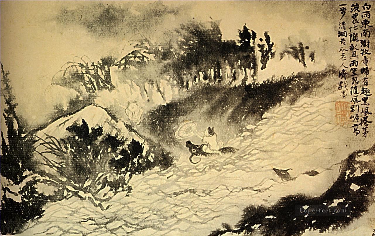 Shitao the crosses torrent 1699 old China ink Oil Paintings
